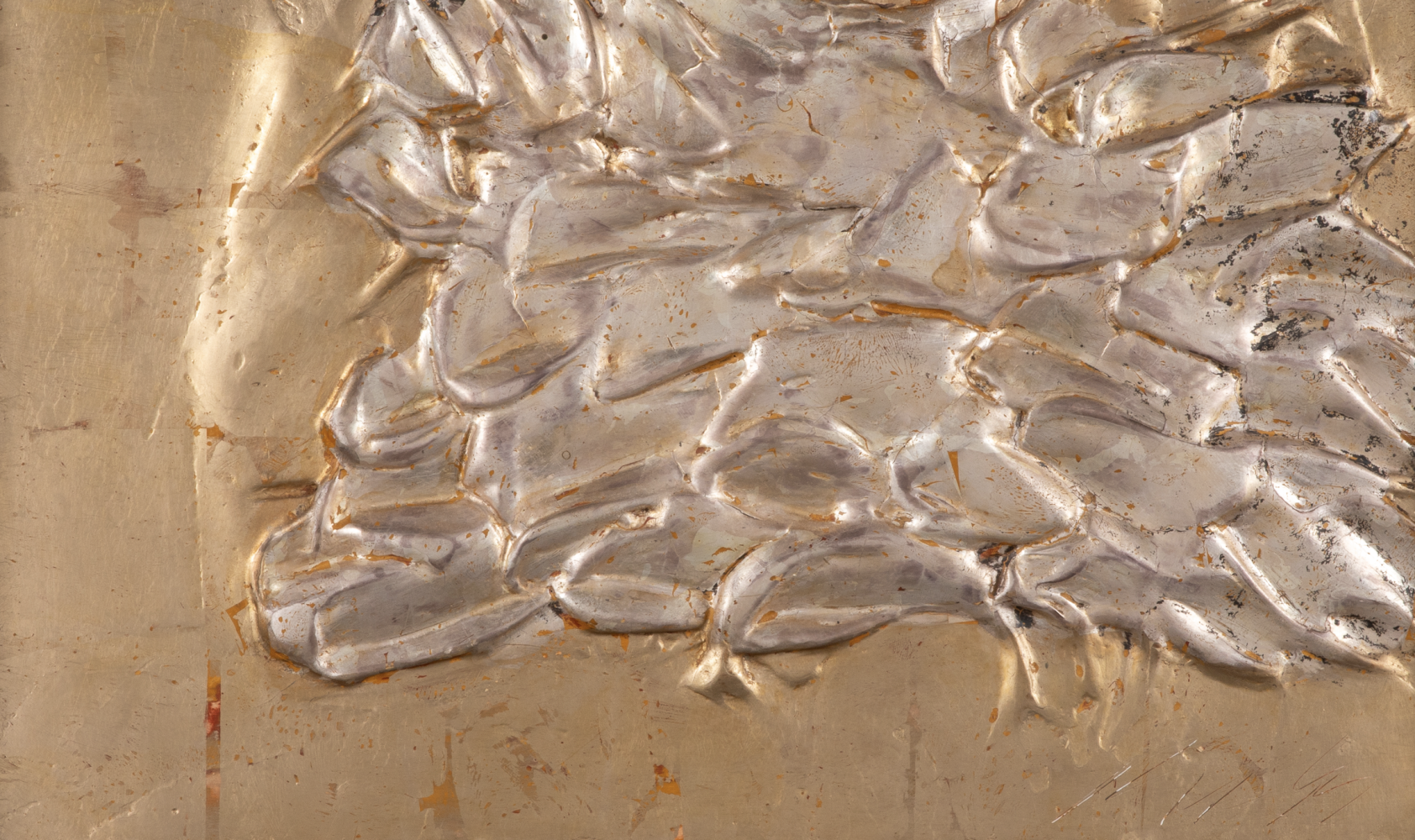 George Dunbar
Early Rouville, c 1955-60
Die keen with silver and gold leaf over yellow clay on board
14h x 22w in