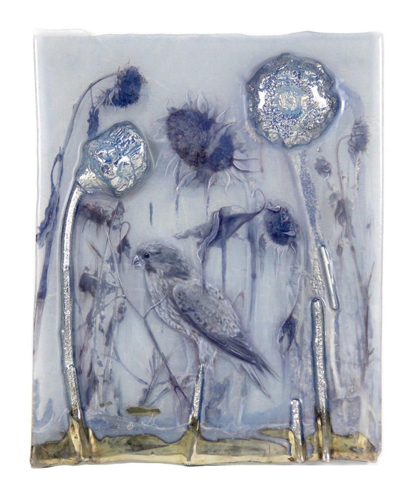 Sibylle Peretti
My Peregrine I, 2021
kiln formed glass, engraved, painted, silvered, paper applique
20h x 17w x 1.50d in