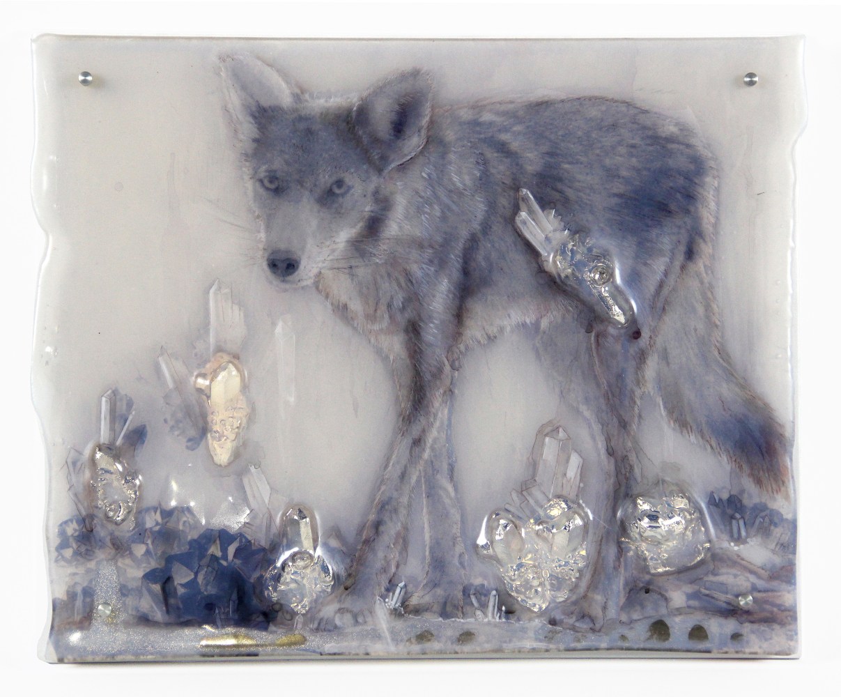 Sibylle Peretti
He is Nothing Much but Fur, 2021
kiln formed glass, engraved, painted, silvered, paper applique
17h x 20w x 1d in