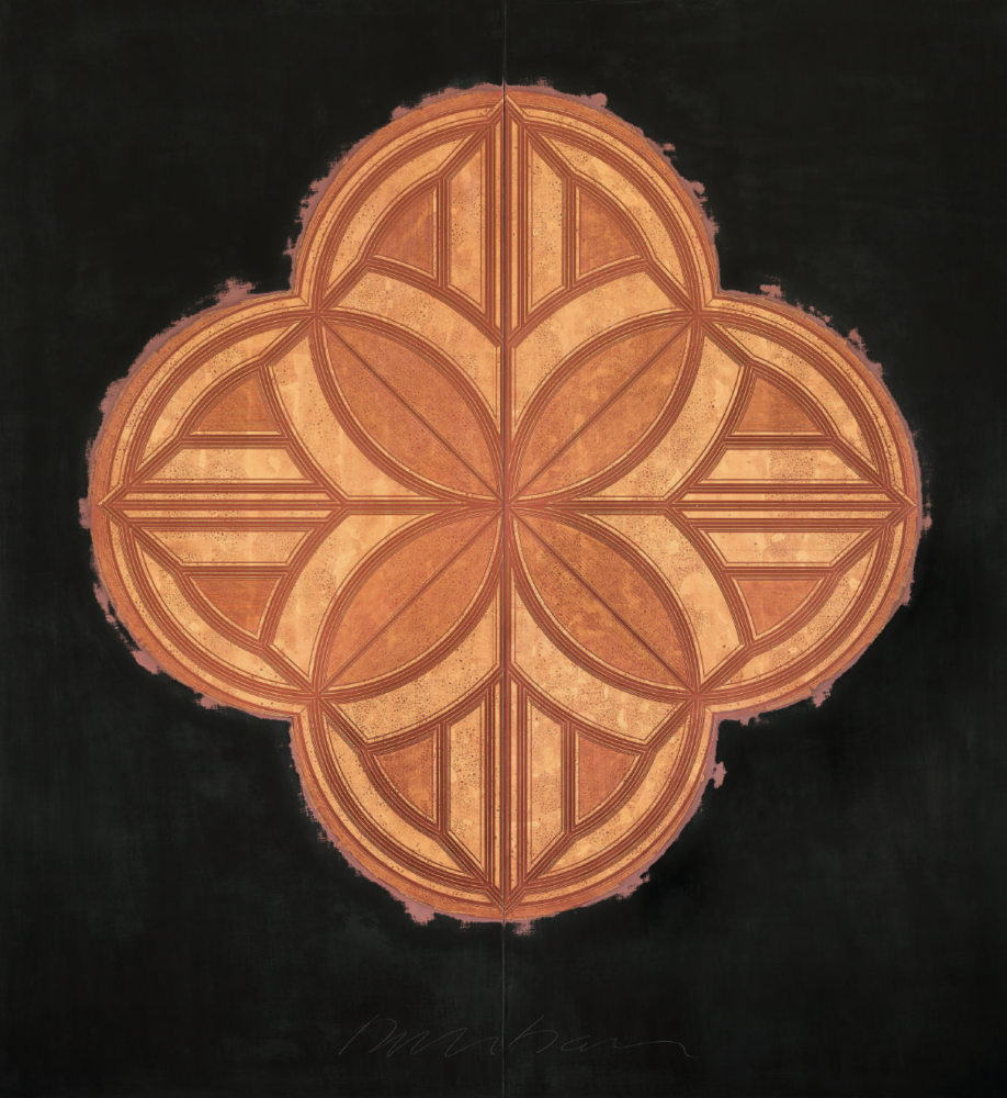 George Dunbar
Coin Du Lestin, c.1999
Red gold over red, black and mauve clay with incised lines
80h x 73w in
SOLD
 