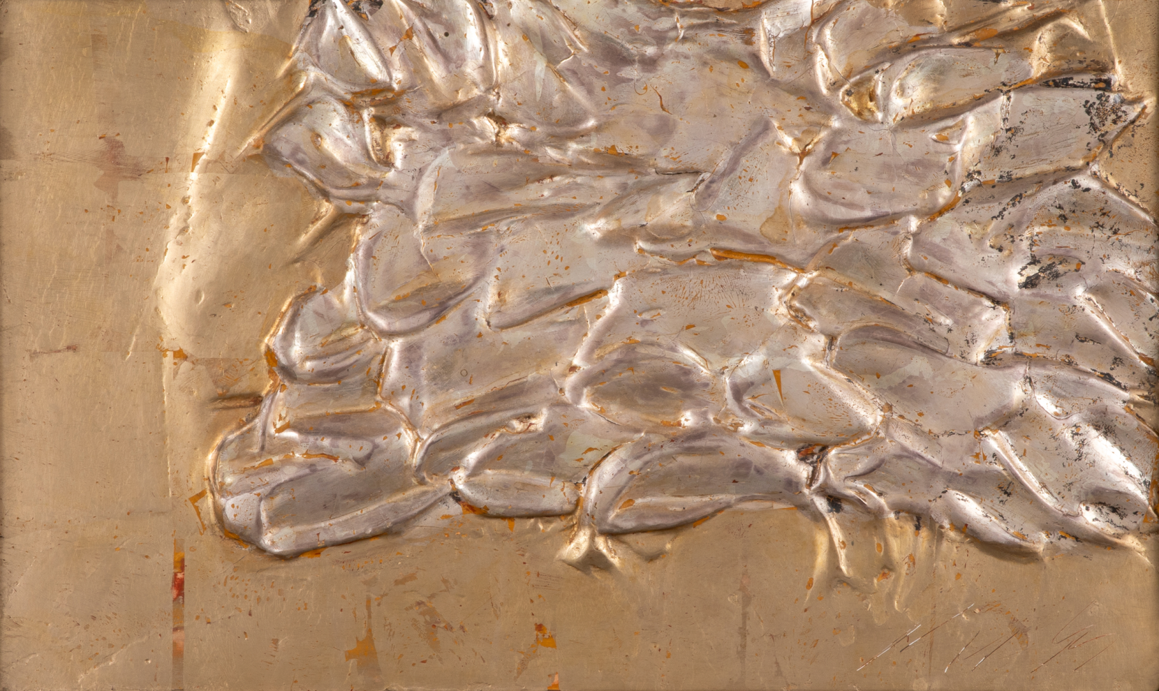 George Dunbar
Early Rouville, c 1955-60
Die keen with silver and gold leaf over yellow clay on board
14h x 22w in