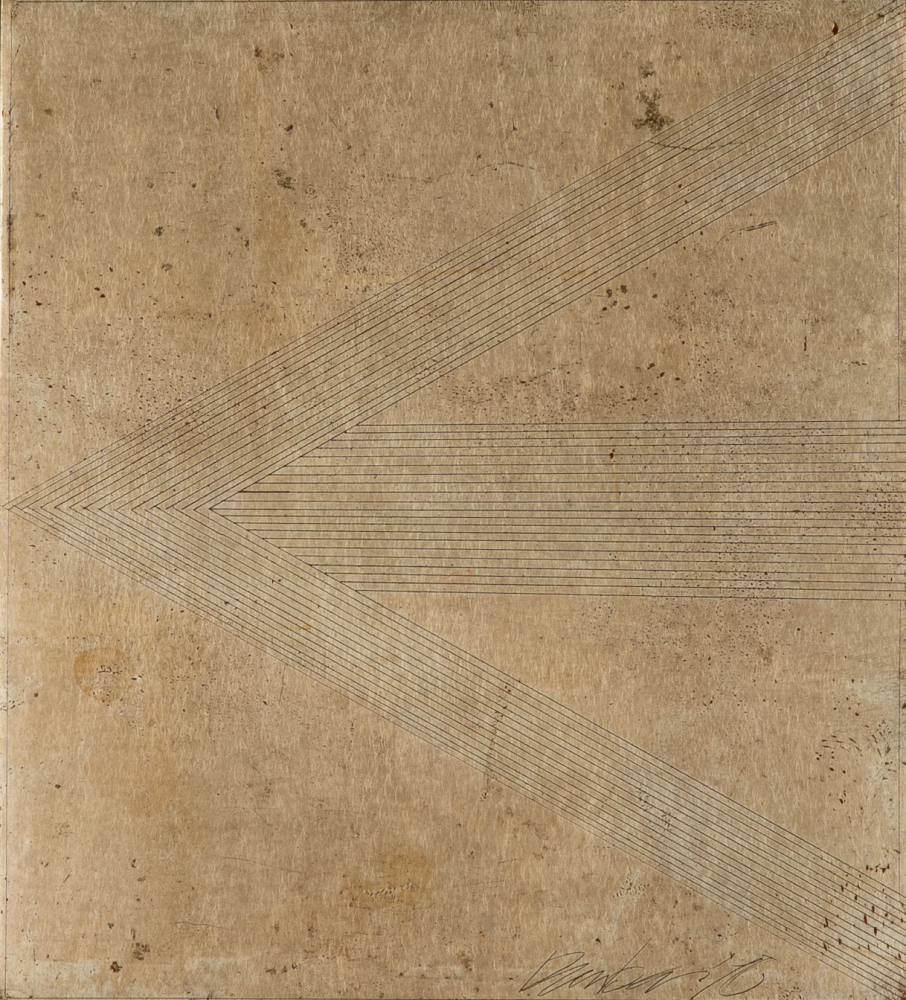 George Dunbar
Arrow, 1980
gold leaf over acrylic on board
9h x 8w in
Framed: 9.75h x 8.75w in
 