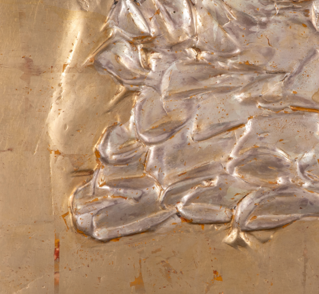 George Dunbar
Early Rouville, c 1955-60 (detail)
Die keen with silver and gold leaf over yellow clay on board
14h x 22w in