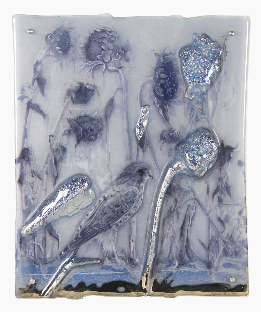 Sibylle Peretti
My Peregrine II, 2021
kiln formed glass, engraved, painted, silvered, paper applique
20h x 17w x 1.50d in
