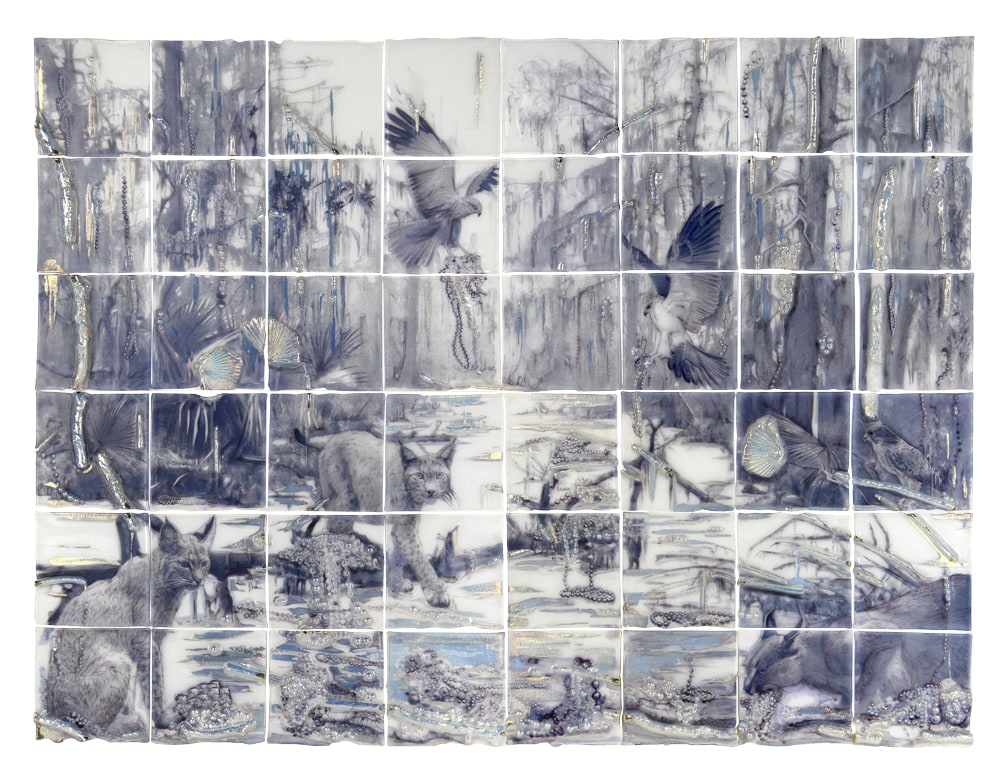Sibylle Peretti
Banks of Long River, 2021
kiln formed glass, engraved, painted, silvered paper appliqu&amp;eacute;
60h x 80w in