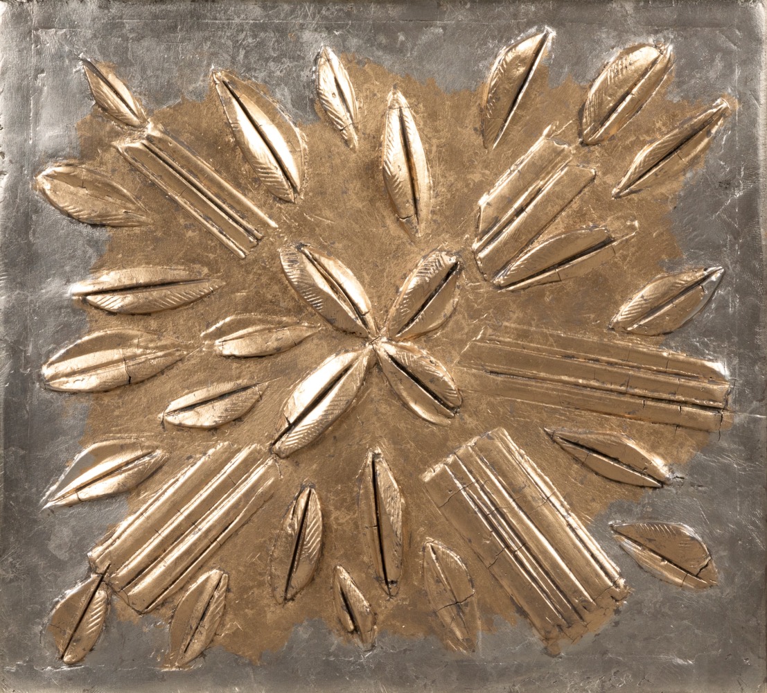 George Dunbar
Rouville No.141, 2024
Palladium and moon gold leaf over taupe clay
20.50h x 22.50w in