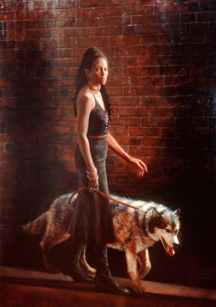 Steven Assael Susan with Dog, 1994 oil on canvas 94 1/4 x 68 inches