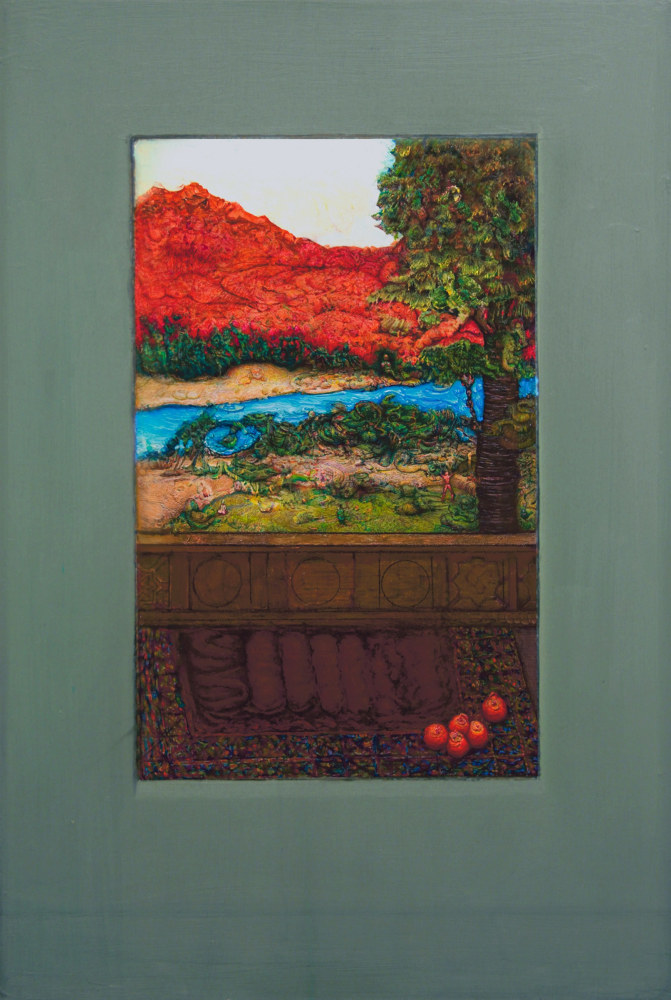 GREGORY GILLESPIE Red Mountain, 1995 oil, pencil and Xerox transfer on panel 16 1/4 x 10 inches