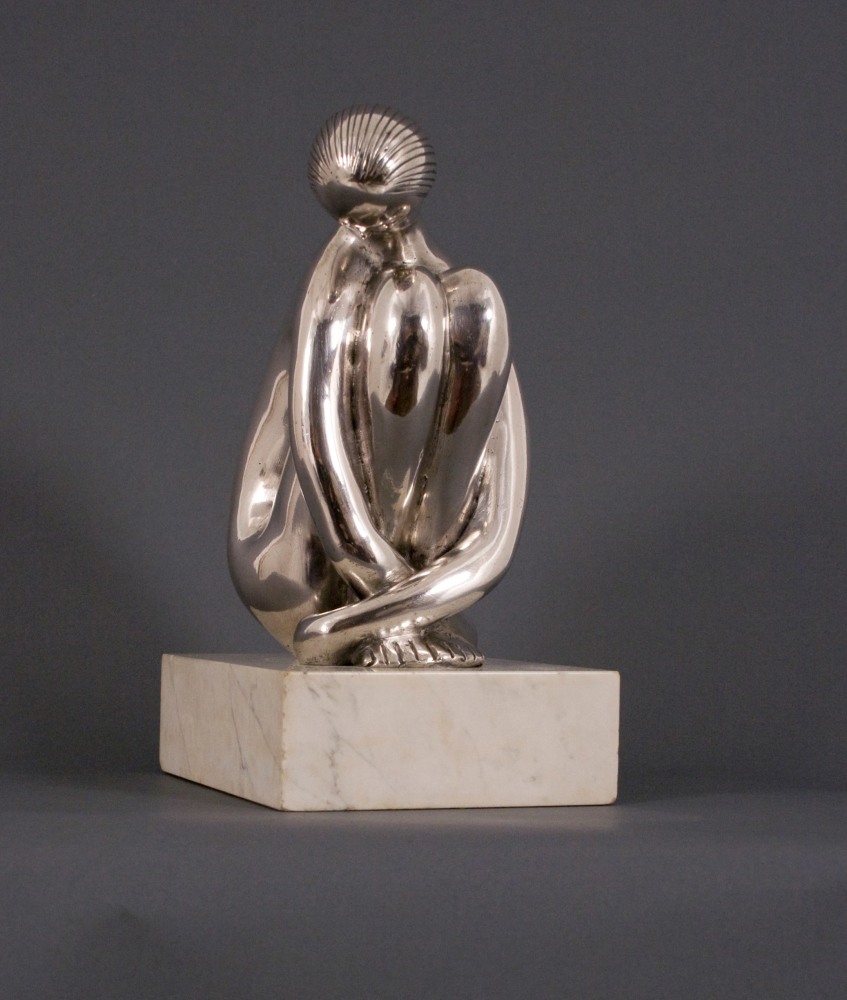 Hugo Robus, Meditating Girl, 1958, cast in 1962 silver, 8 x 3 1/2 x 5 inches, Edition 1/3