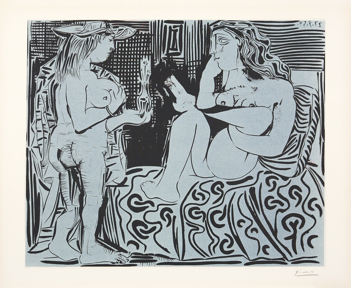 Deux Femmes avec un Vase à Fleurs, 1959 linocut printed in two colors on Arches wove paper 20 1/16  x 25 inches (image) 24 3/8 x 29 1/2 inches (sheet) One of twenty proofs, outside the edition of 50