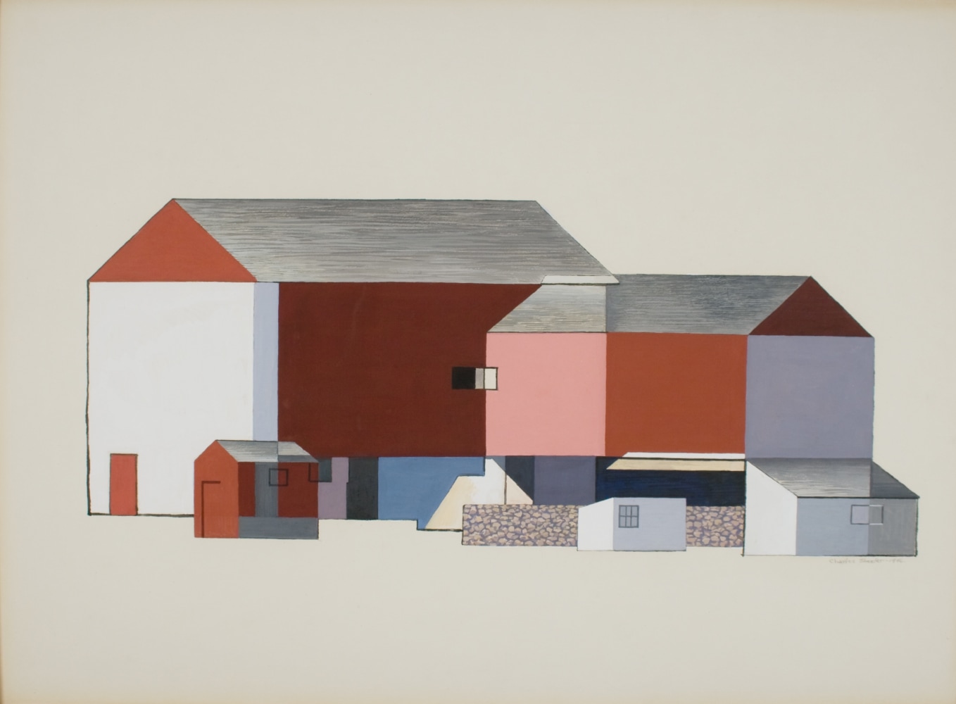 CHARLES SHEELER, Barn Abstraction, 1946, tempera on board, 21 1/2 x 29 3/8 inches