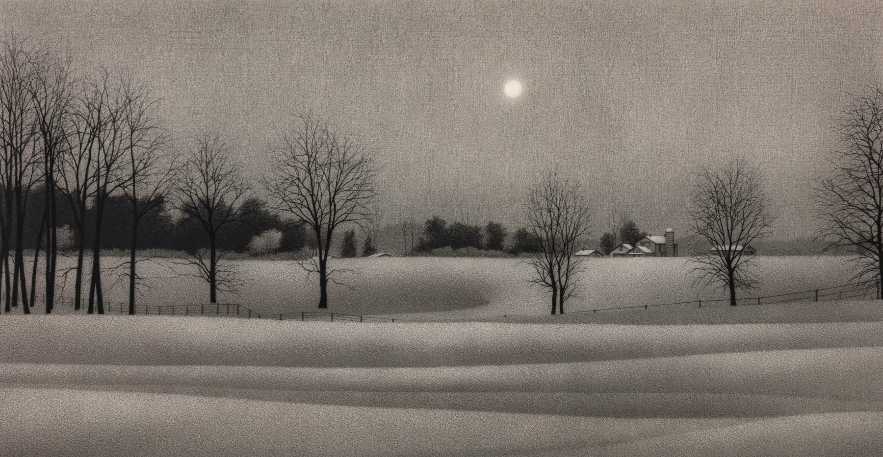 Anthony Mitri Winter Set, Bundysburg, 2022 charcoal on paper 16 1/8 x 31 inches
