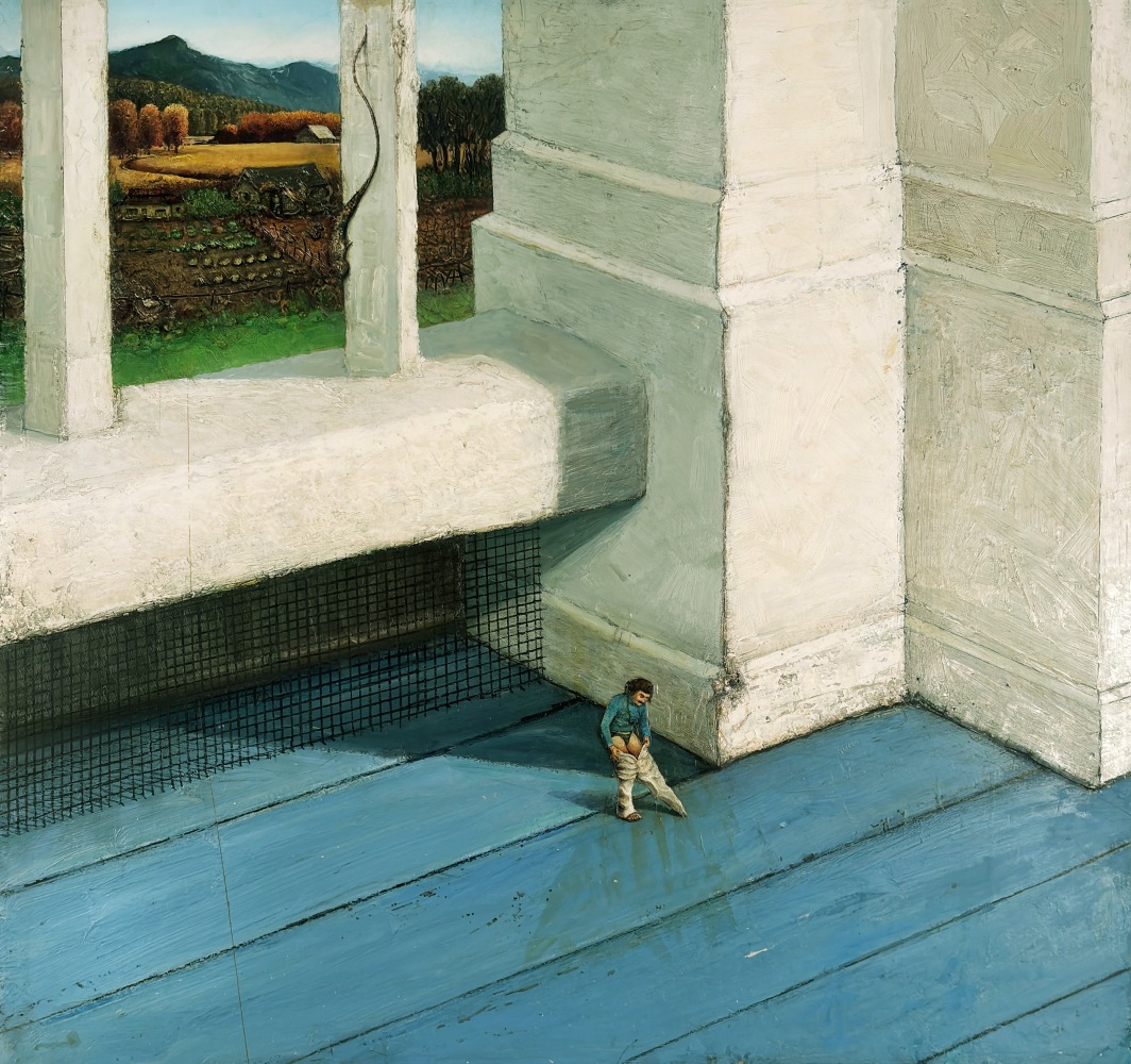 Gregory Gillespie Porch, Landscape, Lizard and Man, 1988-89 oil and alkyd on board 28 x 30 inches