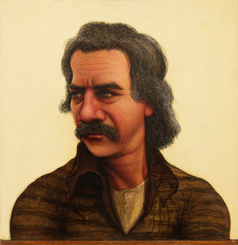 Gregory Gillespie Self-Portrait (Bust) Striped Shirt, 1988-89 oil on board 23 x 22 1/4 inches