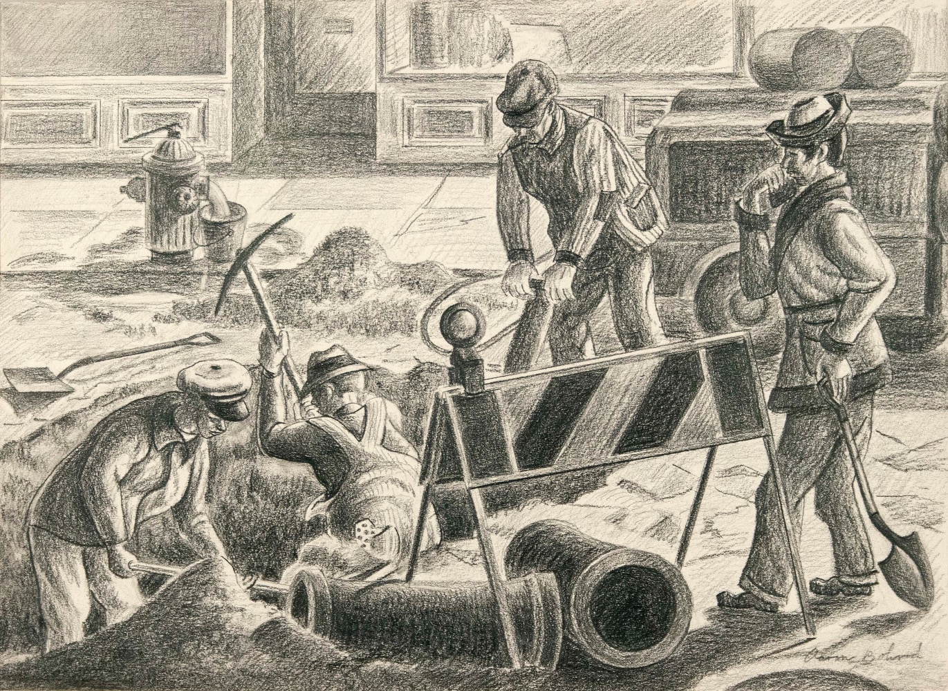 Aaron Bohrod, City Workers, circa 1930s, pencil on paper, 11 x 15 inches