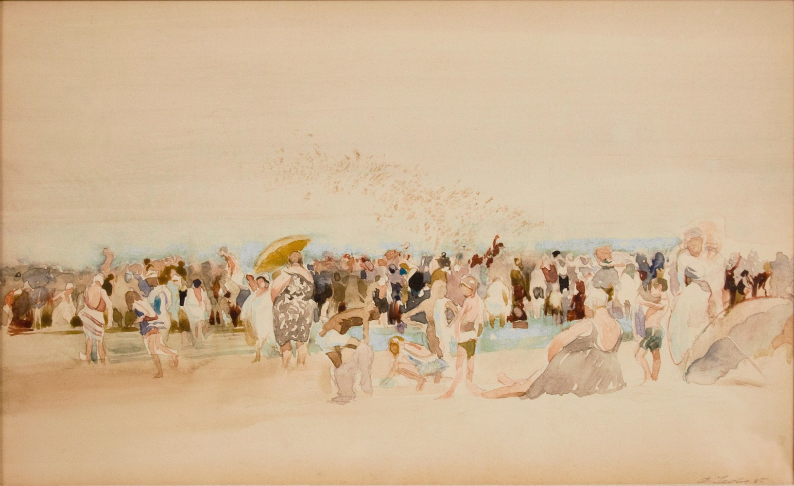 David Levine, Massed Bathers, Coney Island, watercolor on paper, 7 1/4 x 11 3/4 inches