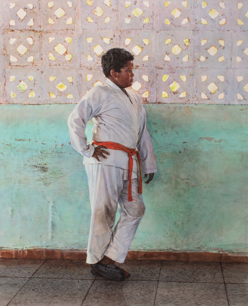 Rance Jones, Orange Belt, 2023, watercolor on paper, 21 x 17 inches