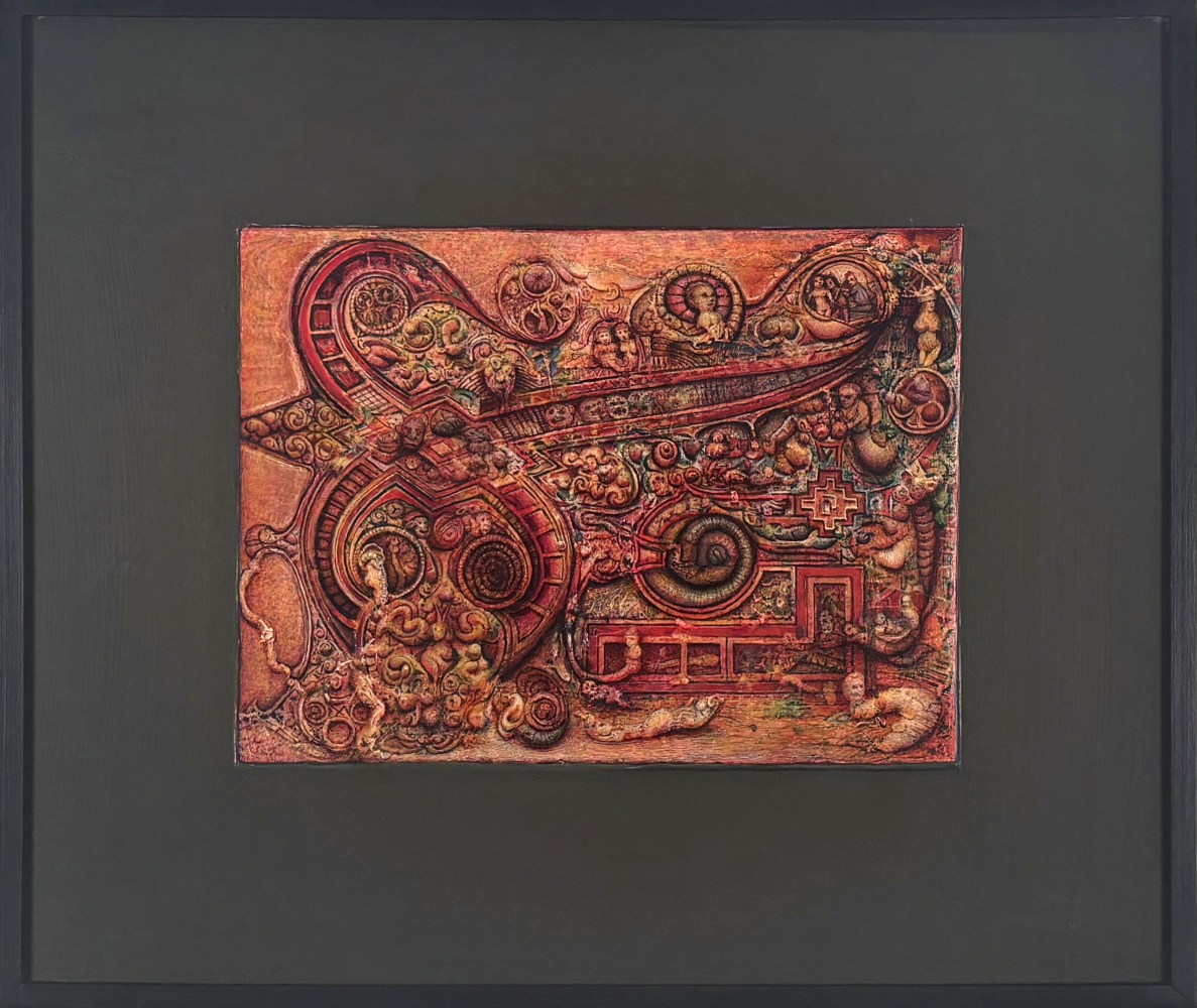 From the Book of Kells, 1995, oil, pencil and Xerox transfer on panel1, 9 1/2 x 22 3/4 inches (overall), 10 3/4 x 14 inches (image)