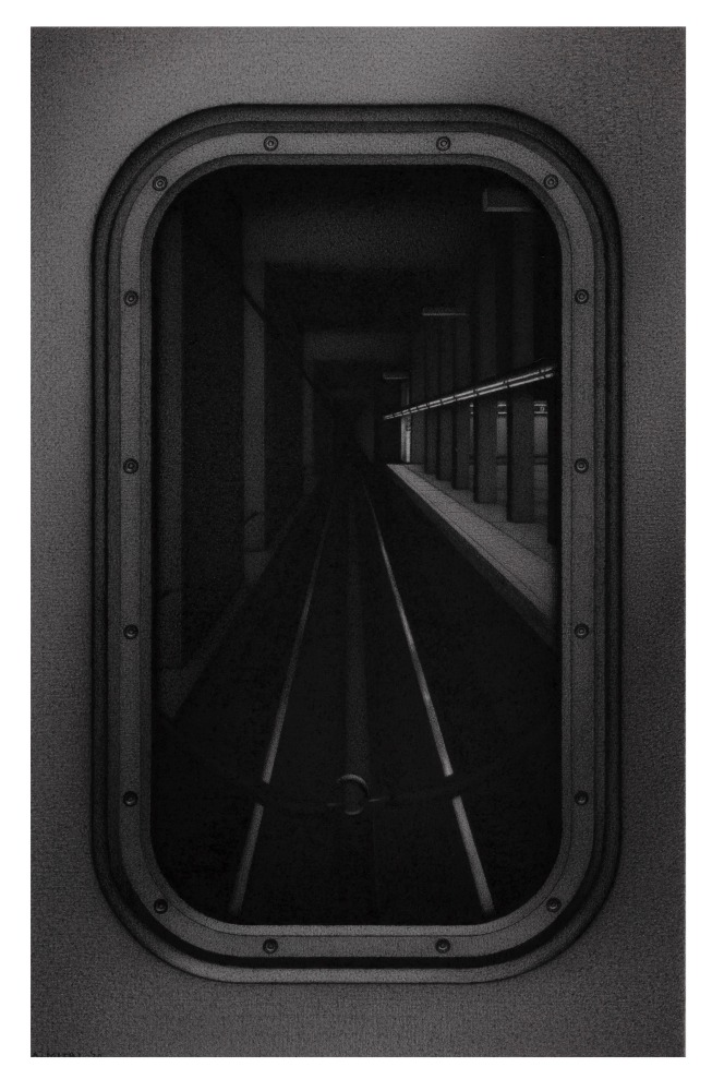 Anthony Mitri Hind Sight 3, D Train, NYC, 2020 charcoal on paper 12 x 7 5/8 inches