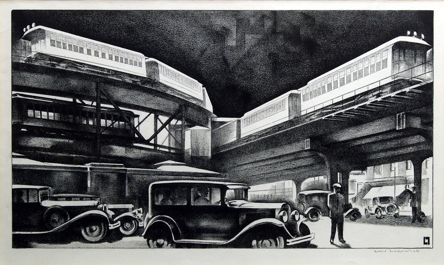 LOUIS LOZOWICK, Traffic, c. 1930, lithograph 9 x 16 inches