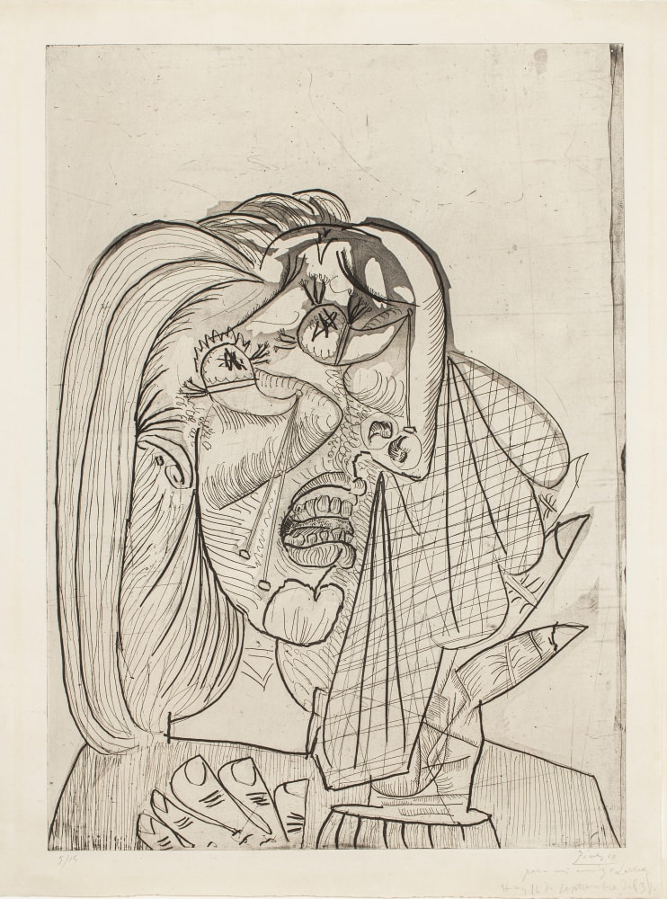 PABLO PICASSO (1881-1973)  La Femme qui pleure I, 1937 (July 1, Paris) drypoint, aquatint, etching and scraper printed on Montval laid paper  27 1/8 x 19 1/2 inches (image) 29 1/2 x 21 3/4 inches (sheet) From the Edition of 15, of the third state Signed, dated, and dedicated in pencil, lower right “Para mi amigo Larrea. Hoy 16 septiembre del 1938” Numbered in pencil lower left “5/15”  Printed by Lacourière  (Bloch 1333) (Baer 623.III.b)