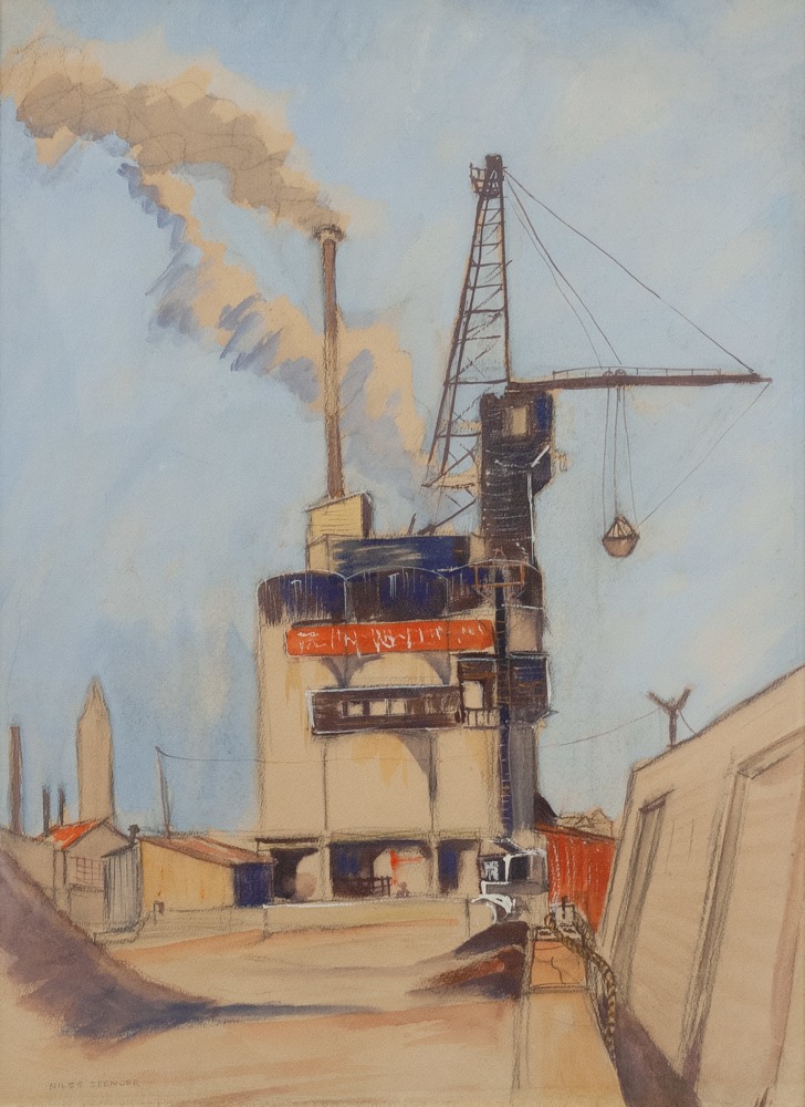 NILES SPENCER The Cement Plant, c. 1935 watercolor and gouache on paper 20 1/4 x 14 1/4 inches