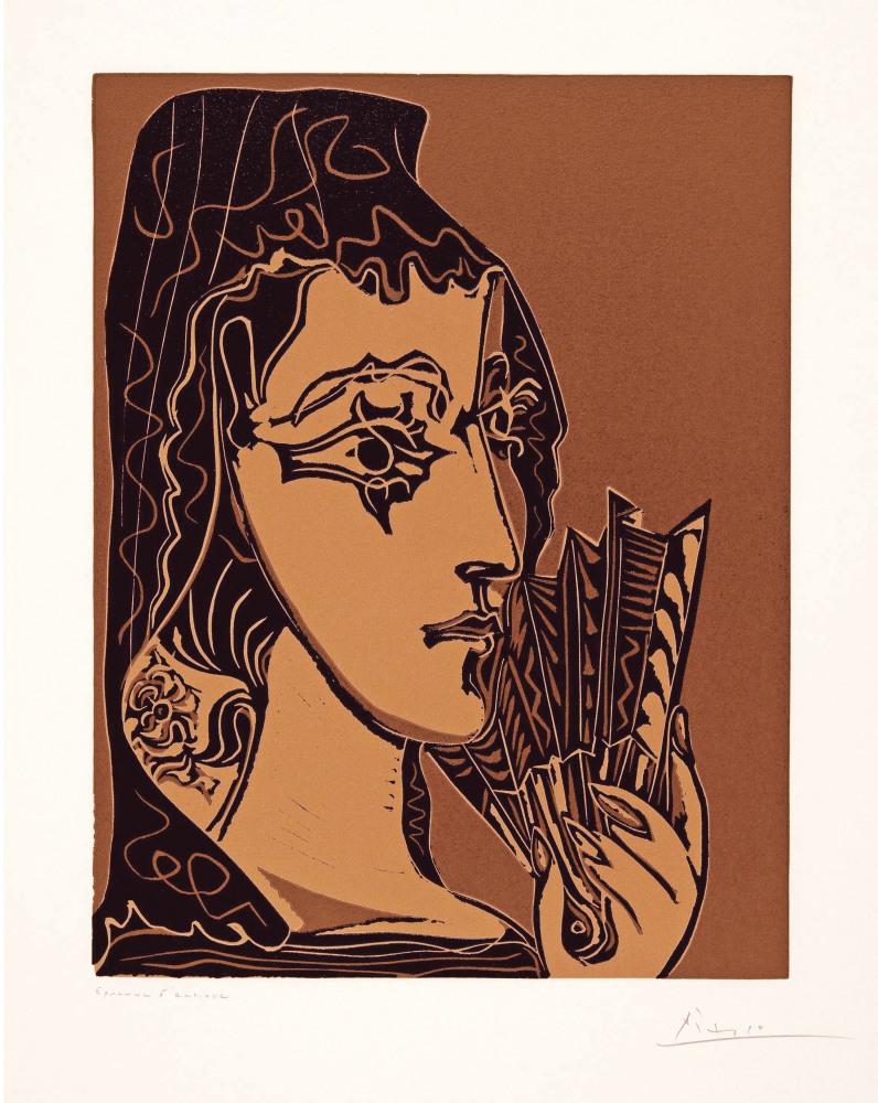 PABLO PICASSO (1881-1973)  Portrait de Jacqueline en Carmen, 1962 (April 15, Mougins)  linocut printed on wove paper with Arches watermark  13 3/4 x 10 5/8 inches (image)  24 5/8 x 17 5/16 inches (sheet)  One of approximately 20 artist proofs outside the Edition of 50  Signed by the artist in pencil lower right &quot;Picasso&quot;  Inscribed in pencil lower left &quot;Épreuve d'artiste&quot;  Printed by Arnéra, Vallauris, 1962  Published by Galerie Louise Leiris, Paris, 1963  (Bloch 1095) (Baer 1324.IV.B.b)  © 2023 Estate of Pablo Picasso / Artists Rights Society (ARS), New York