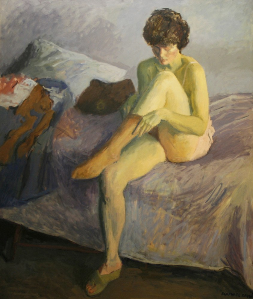 Raphael Soyer, Putting on Stockings, 1984, oil on canvas, 50 x 42 inches