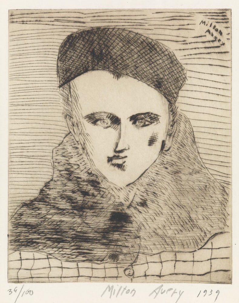 Milton Avery Sally with Beret, 1939 drypoint etching on wove paper 14 7/8 x 13 inches Edition 39/100