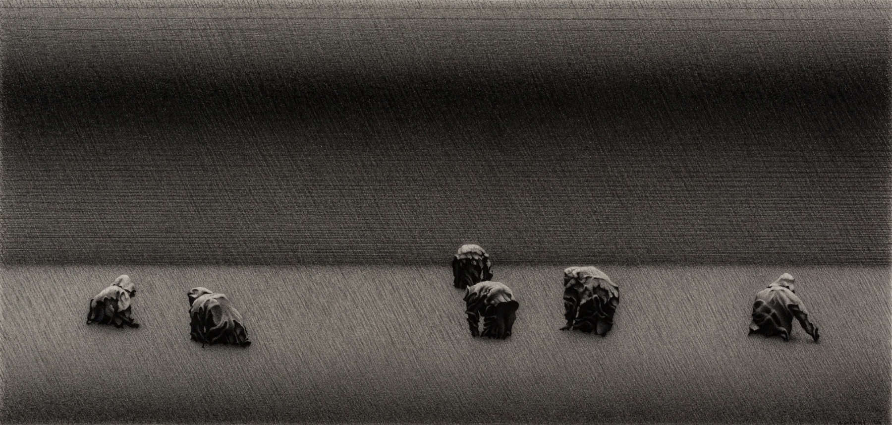 Anthony Mitri Strawberry Pickers 3, Ile d'Orleans, Canada, 2014 charcoal on paper 10 x 21 inches