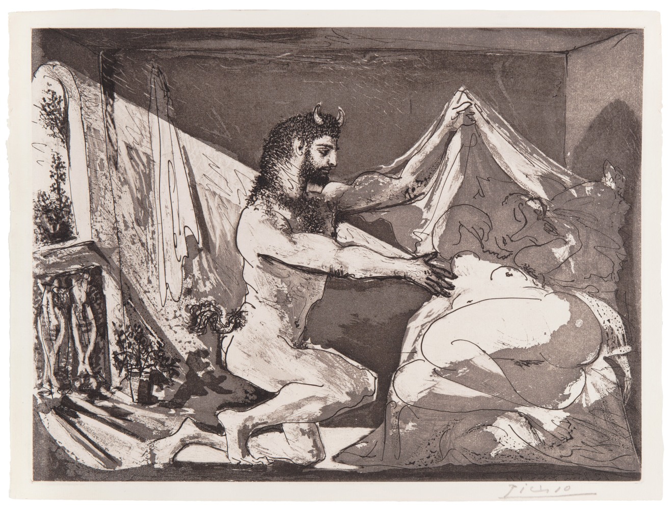 Faune dévoilant une Dormeuse (Jupiter et Antiope, d'après Rembrandt), 1936 (June 12, Paris) sugarlift aquatint and burin with scraper printed on Montval laid paper with Vollard watermark 12 5/16 x 16 5/16 inches (image) 13 1/4 x 17 1/2 inches (sheet) Edition of 250