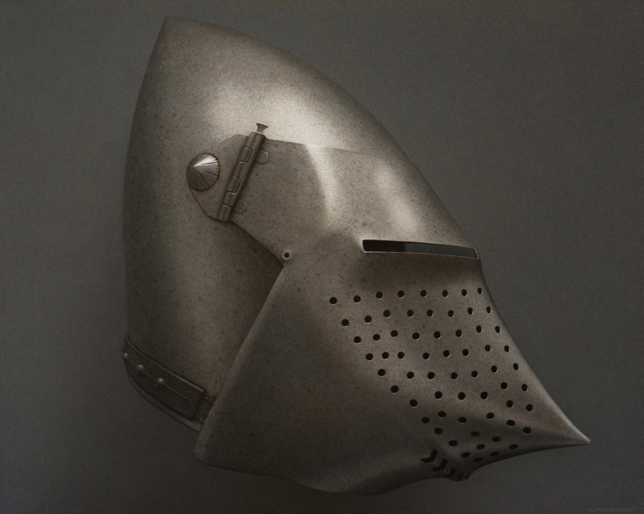 Alan Magee, Helmet II, 2019, acrylic on canvas, 40 1/8 x 50 1/8 inches