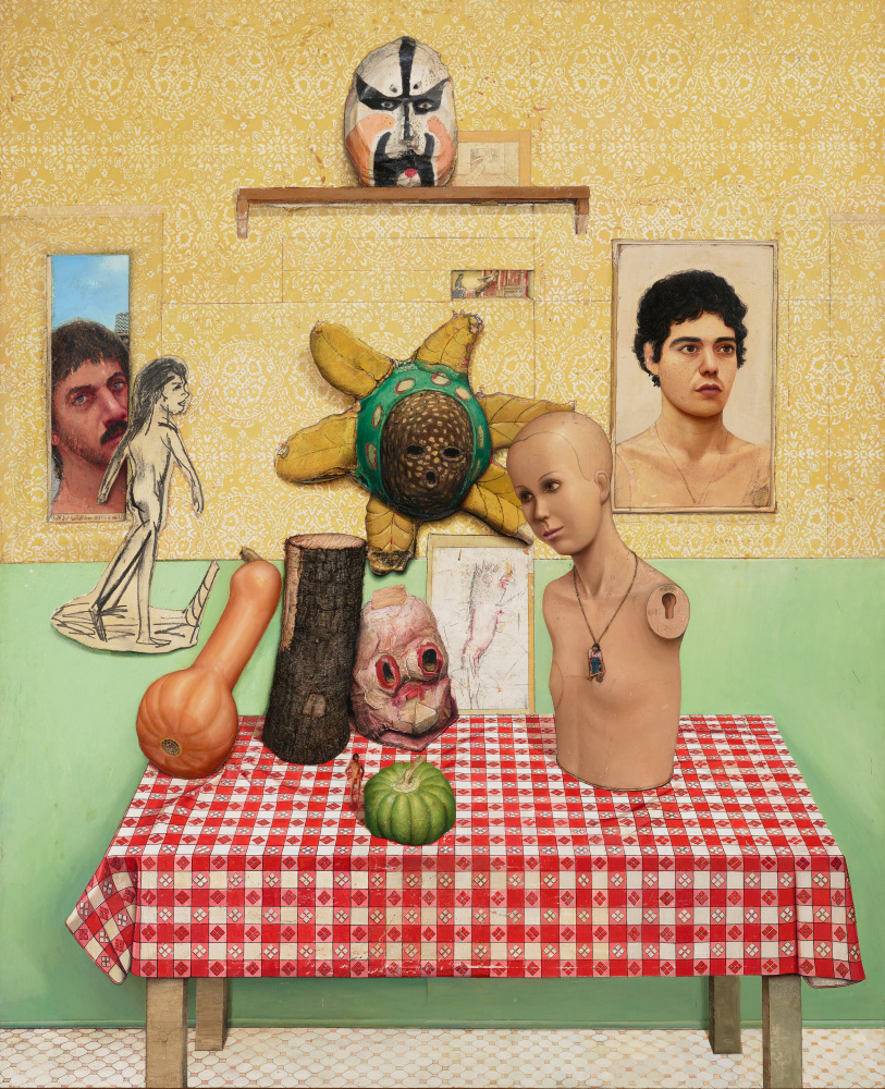 Gregory Gillespie Studio: Still Life, 1978 oil, graphite, charcoal, alkyd and paper collage on board 73 1/2 x 59 1/2 inches