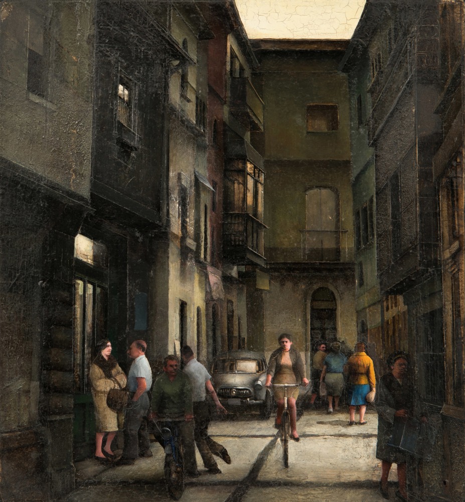 Gregory Gillespie Street in Madrid, 1963 oil and magazine photographs on board 10 3/4 x 10 inches
