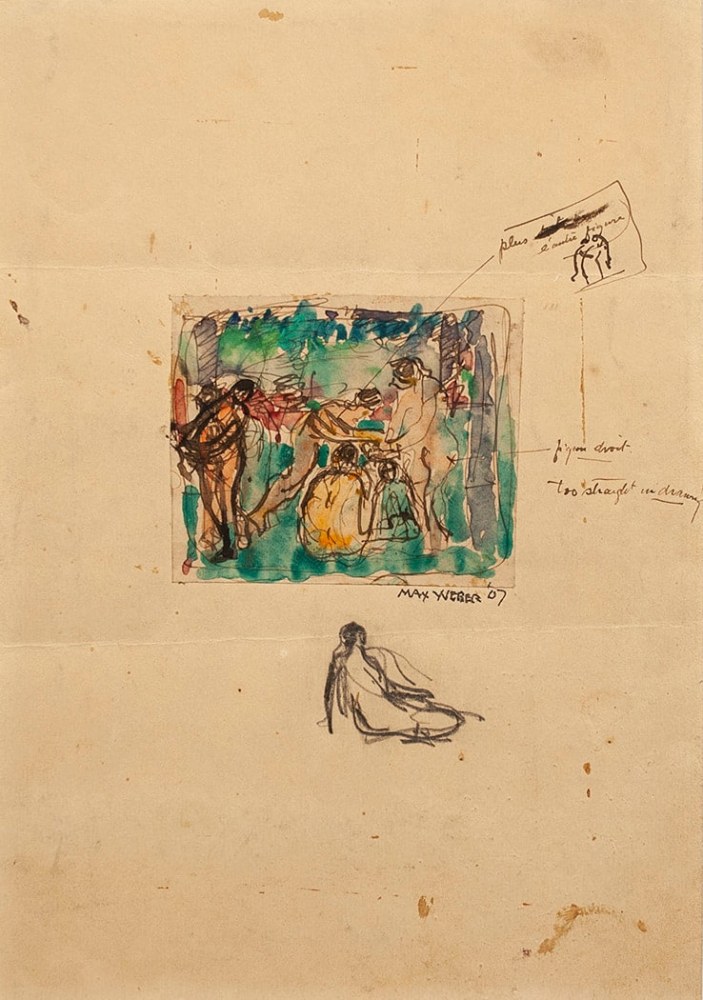 Max Weber and Henri Matisse Untitled watercolor by Weber with notes and sketches by Henri Matisse, 1907 watercolor, pencil, and ink on paper 8 3/4 x 6 3/8 inches