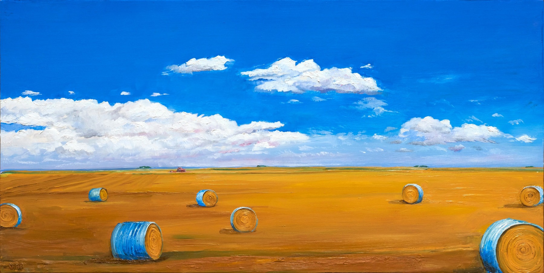 Straw Bales with Northern Sky, 2023 oil on panel 11 5/8 x 23 inches