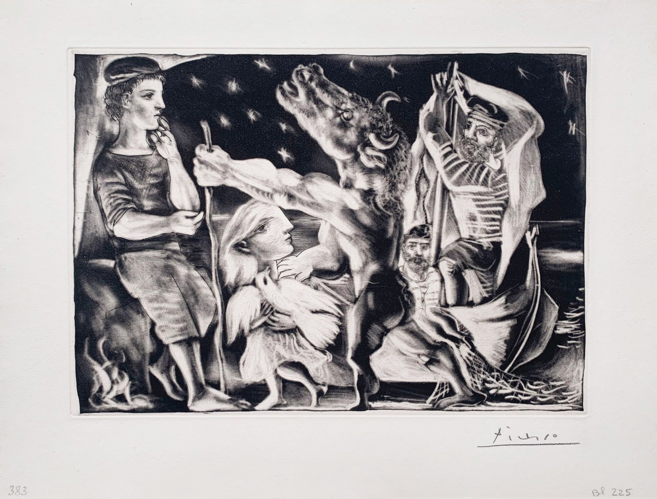 Minotaure aveugle guidé par Marie-Thérèse au Pigeon dans une Nuit étoilée, 1934 aquatint, drypoint and burin with scraper printed on Montval laid paper with Vollard watermark 9 3/4 x 13 3/4 inches (image) 13 1/8 x 17 5/16 inches (sheet) 21 x 24 1/2 inches (framed) Edition of 260