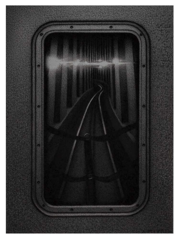 Anthony Mitri, Hind Sight 2, D Train, NYC, 2020, charcoal on paper, 7 1/2 x 5 1/2 inches