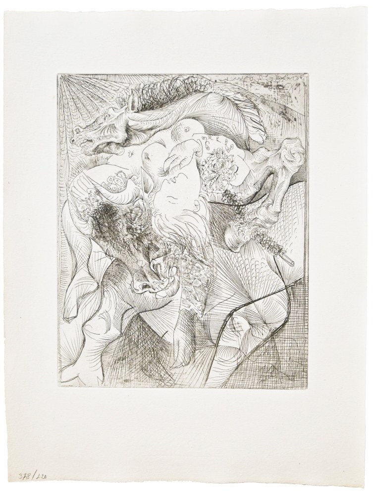 PABLO PICASSO (1881-1973)  Marie-Thérèse en Femme Torero, 1934 (June 20, Paris) From the Suite Vollard (S.V. 22) etching on Montval laid paper with Picasso watermark  11 5/8 x 9 1/4 inches (image) 17 5/8 x 13 5/16 inches (sheet) From the Edition of 260 Inscribed in pencil lower left “378/220”  Inscribed in pencil lower right verso “496096”  Petiet Estate stamp on verso  Printed by Lacourière, 1939  Published by Vollard, 1939   (Bloch 0220) (Baer 426.B.d)