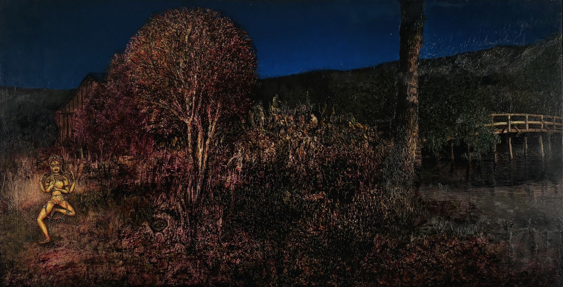 Gregory Gillespie Landscape with Dancing Shiva, 1983-90 oil and alkyd  on board 15 x 30 1/2 inches