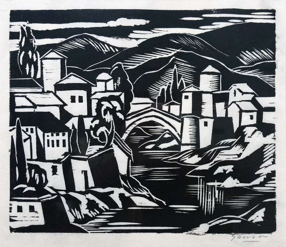 Emil Ganso The Bridge Woodcut 8 x 9 1/2 inches