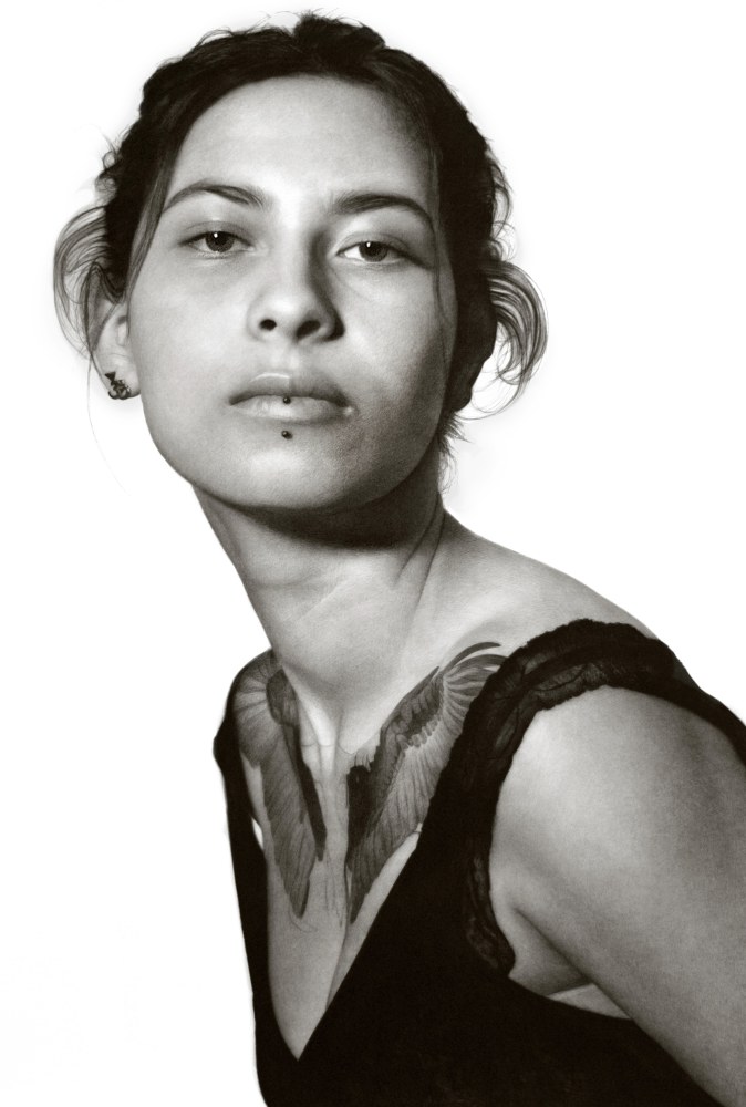Thivya, 2020, compressed charcoal on paper, 88 3/8 x 58 inches