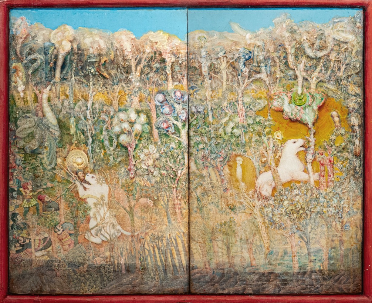 Gregory Gillespie White Lions, 1997 oil on panel 22 x 27 inches