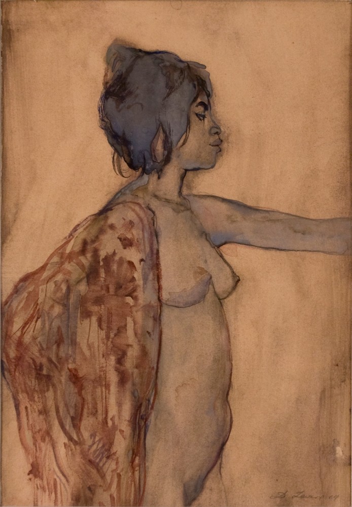 David Levine, Nude Dancer, 1969, watercolor on paper, 12 x 8 inches