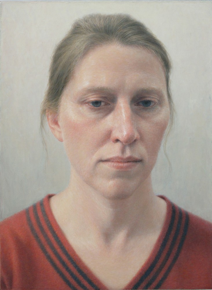 Robert Bauer Erica in a Red Sweater, 2012 oil on canvas mounted on wood 8 3/4 x 6 1/2 inches 11 1/4 x 9 x 2 inches