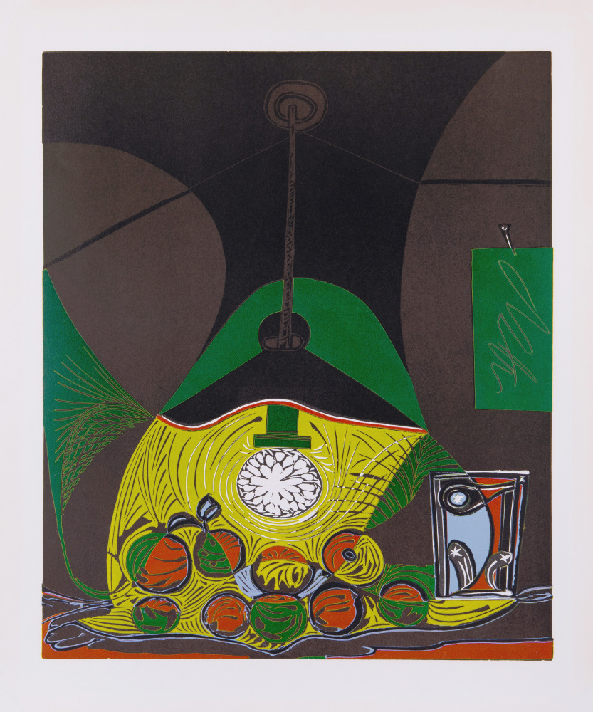 Nature morte à la suspension, 1962 (March 22, Mougins) linocut printed in colors (cream, gray, flat black, yellow, green, red, blue, and satin black) from two blocks on Arches paper with Arches watermark 25 x 20 3/4 inches (image) 29 5/8 x 24 1/2 inches (sheet) 36 5/8 x 31 1/2 inches (framed) one of around twenty-five artist's proofs outside the edition of 50