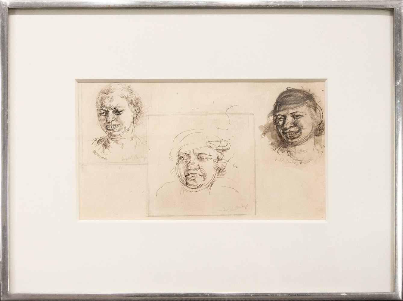 Isabel Bishop, Laughing Heads, Study Drawings, c. 1934, ink on paper, 7 x 9 1/4 inches