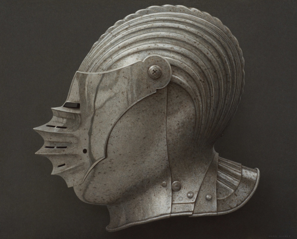 Alan Magee, Helmet IV, 2019, acrylic on canvas, 40 1/8 x 50 1/8 inches