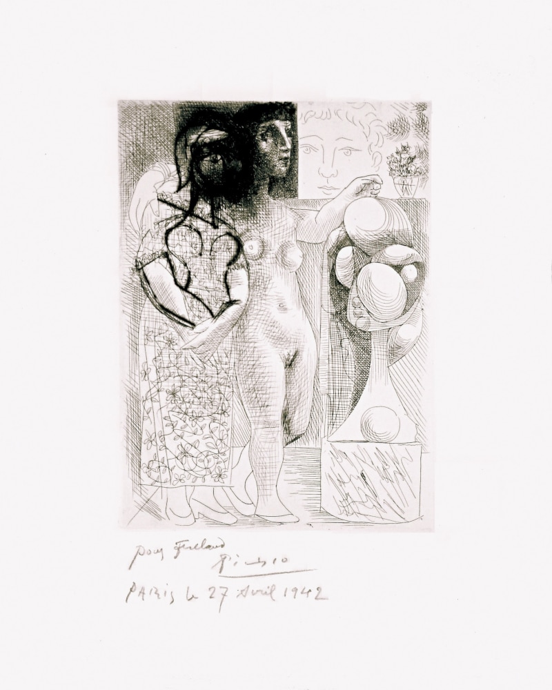 PABLO PICASSO (1881-1973)  Muse montrant à Marie-Thérèse pensive son Portrait sculpté, 1933 (March 17. III, Paris) etching and drypoint printed on Montval laid paper with Picasso watermark 10 1/2 x 7 5/8 inches (image) 16 7/8 x 13 1/4 inches (sheet) One of 2 or 3 artist proofs printed before steel facing, of the seventh (final) state Signed in pencil lower left “Picasso” Inscribed in pencil lower left &quot;Pour Frélaut,  Paris le 27 Avril 1942&quot;  Printed by Lacourière, 1942  (Bloch 0257) (Baer 299.VII.A.b)