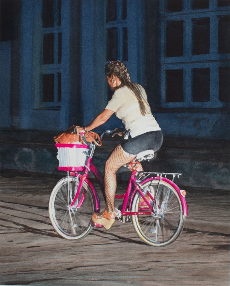 Rance Jones, Bicicleta Rosada, 2023, watercolor on paper, 12 1/2 x 10 inches